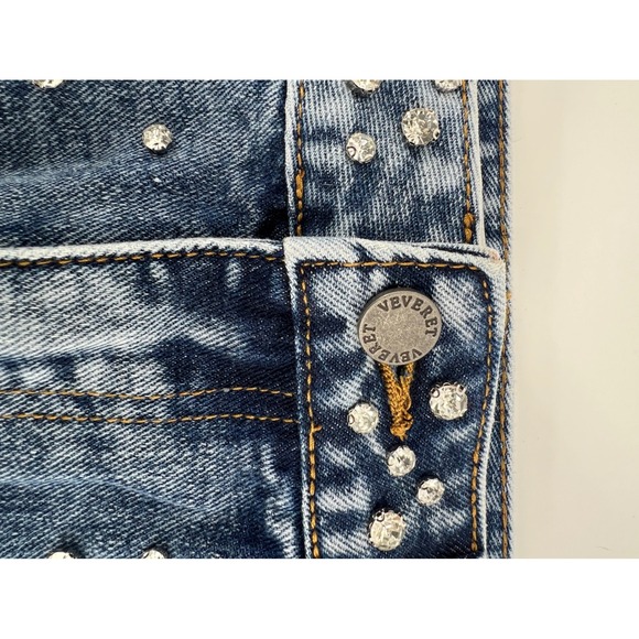 VEVERET Denim Skirt Rhinestone Embellished Distressed Mini Skirt Womens L - Picture 5 of 6